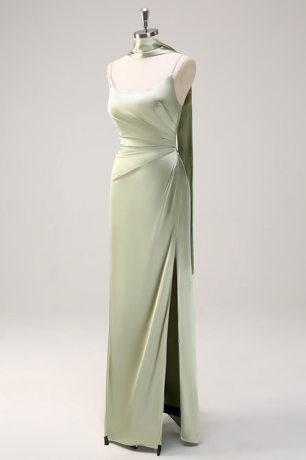 Sage Sheath Spaghetti Straps Slit Bridesmaid Dress with Ribbon