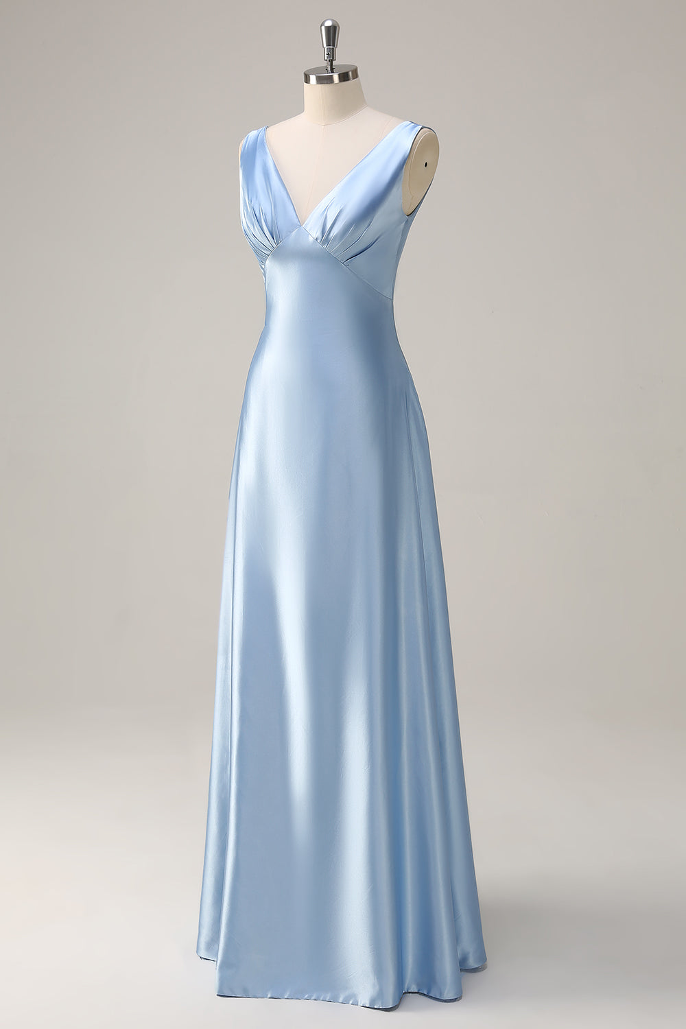A Line Sky Blue V Neck Satin Bridesmaid Dress