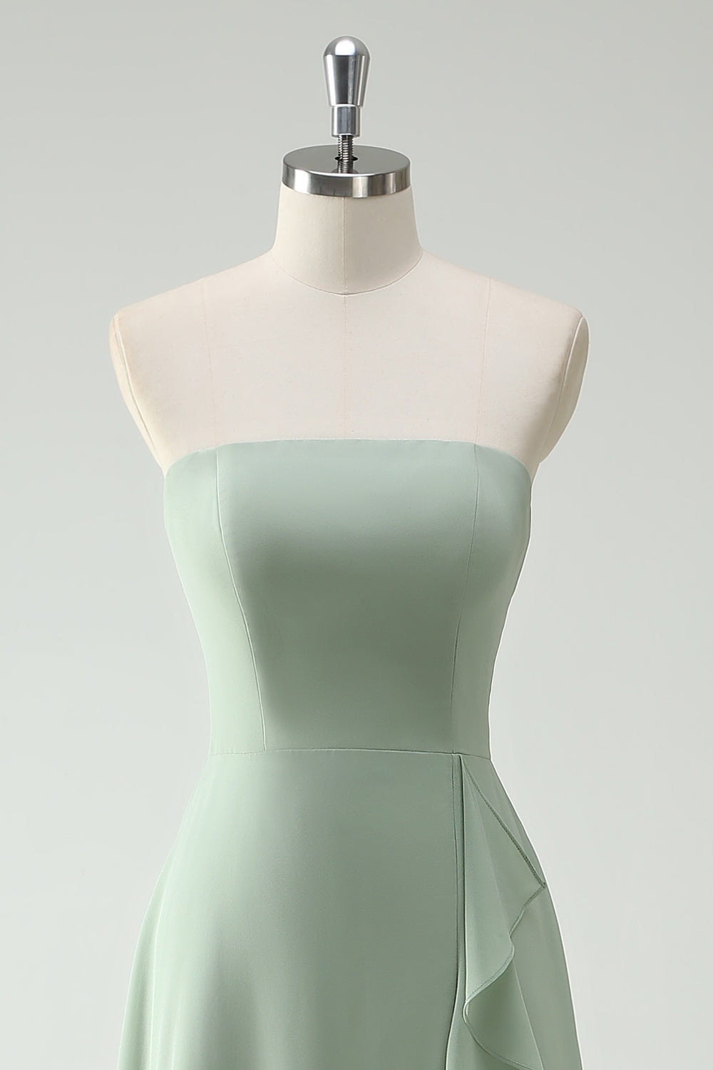 Strapless Dusty Sage Bridesmaid Dress with Ruffle Slit