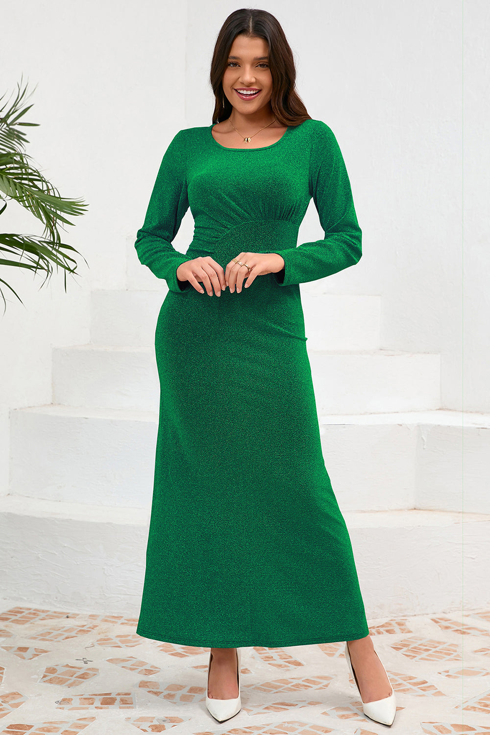 Red Mermaid Scoop Neck Maxi Wedding Guest Dress with Long Sleeves
