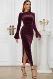 Peacock Blue Mermaid Velvet Long Sleeves Wedding Guest Dress with Slit