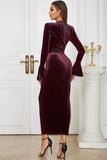Peacock Blue Mermaid Velvet Long Sleeves Wedding Guest Dress with Slit