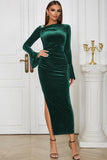 Peacock Blue Mermaid Velvet Long Sleeves Wedding Guest Dress with Slit