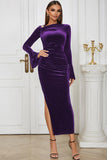 Peacock Blue Mermaid Velvet Long Sleeves Wedding Guest Dress with Slit