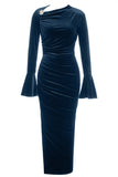 Peacock Blue Mermaid Velvet Long Sleeves Wedding Guest Dress with Slit