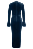 Peacock Blue Mermaid Velvet Long Sleeves Wedding Guest Dress with Slit