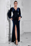 Puff Sleeves Dark Blue Ruched Long Velvet Dress with Slit