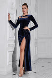 Dark Blue Long Sleeves Velvet Dress with Slit