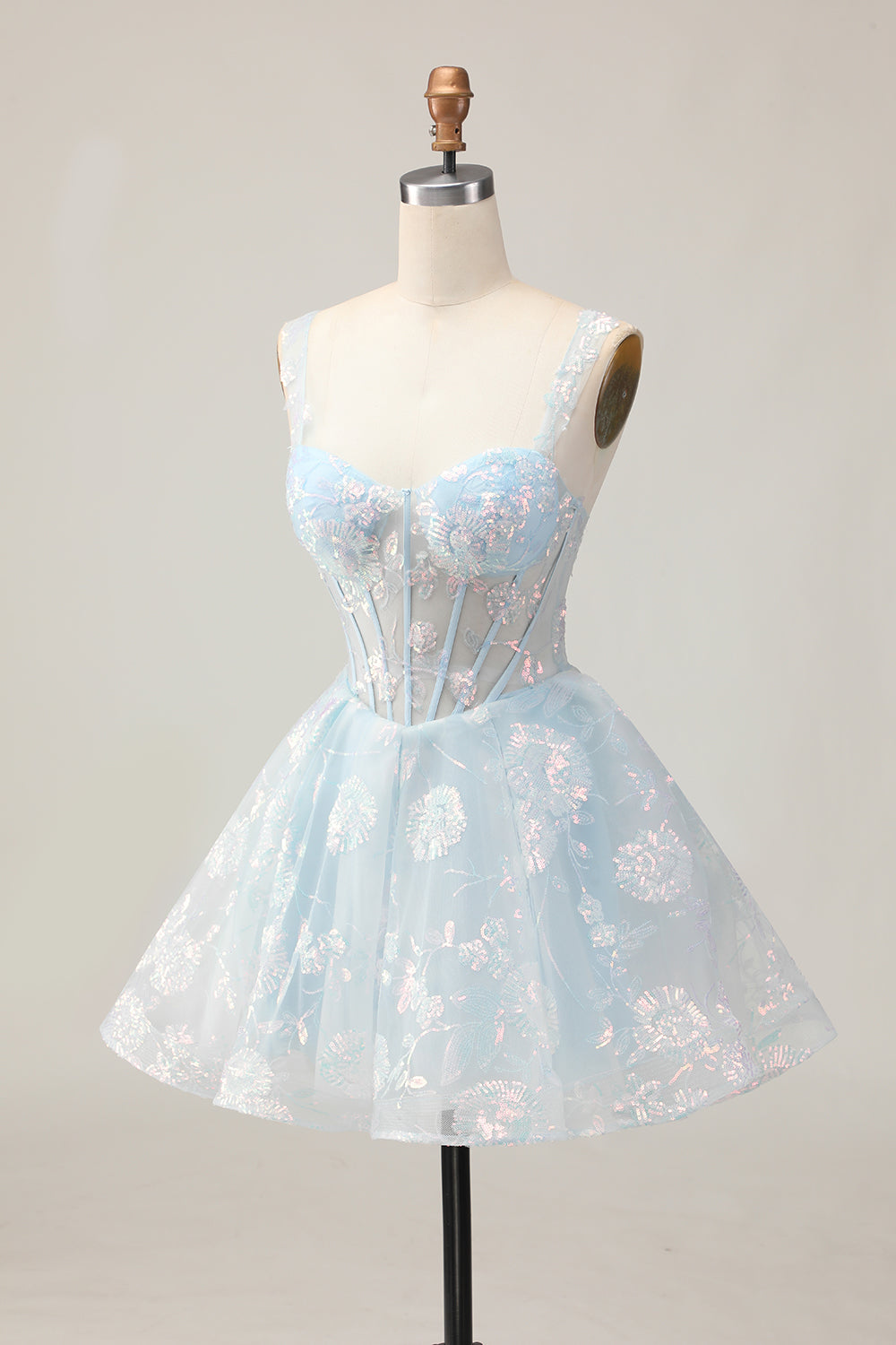 Sparkly White A-Line Floral Corset Mini Dress