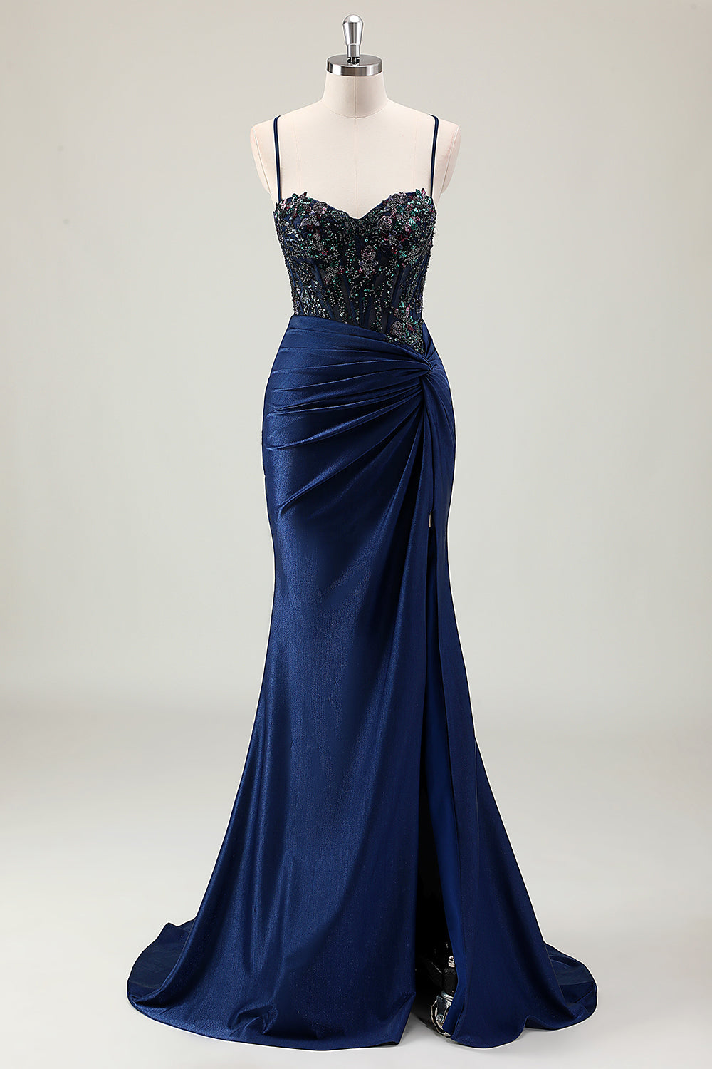 Dark Navy Ruched Mermaid Sequined Prom Dress with Slit