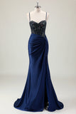 Dark Navy Ruched Mermaid Sequined Prom Dress with Slit