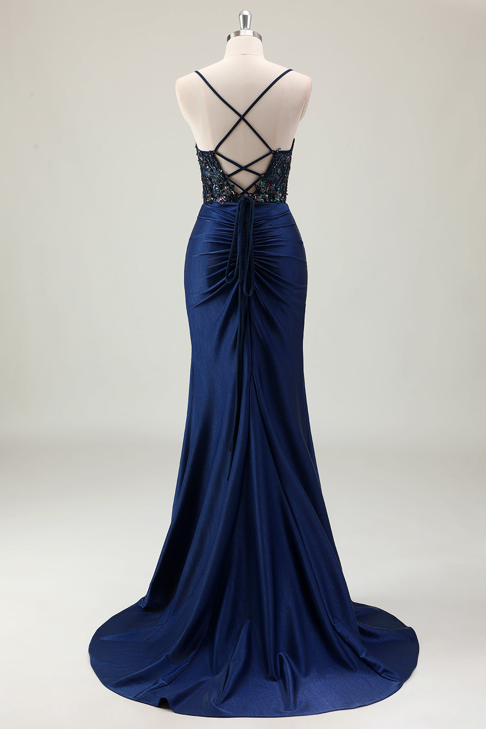 Dark Navy Ruched Mermaid Sequined Prom Dress with Slit