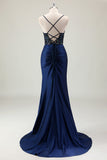 Dark Navy Ruched Mermaid Sequined Prom Dress with Slit