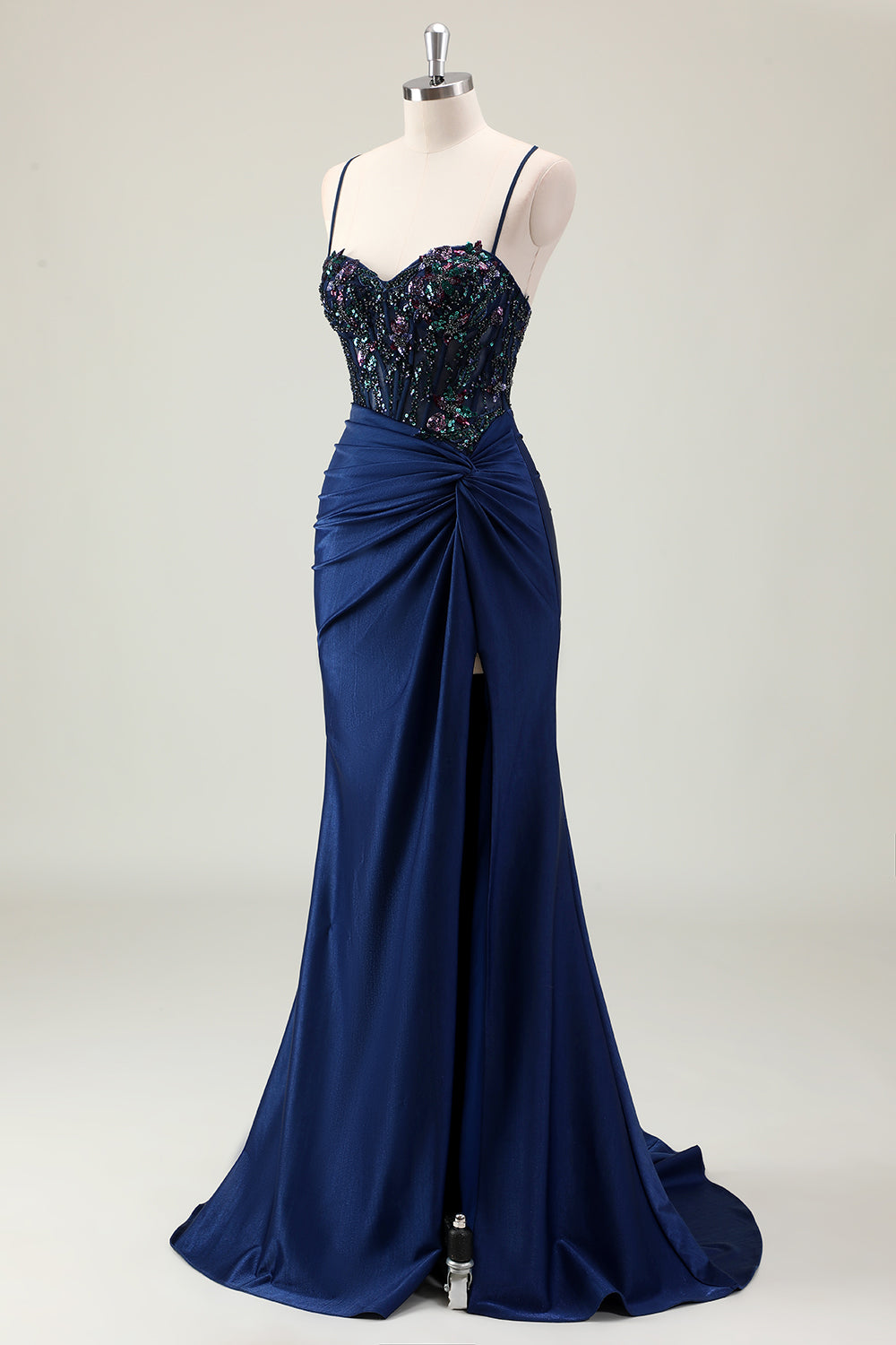 Dark Navy Ruched Mermaid Sequined Prom Dress with Slit