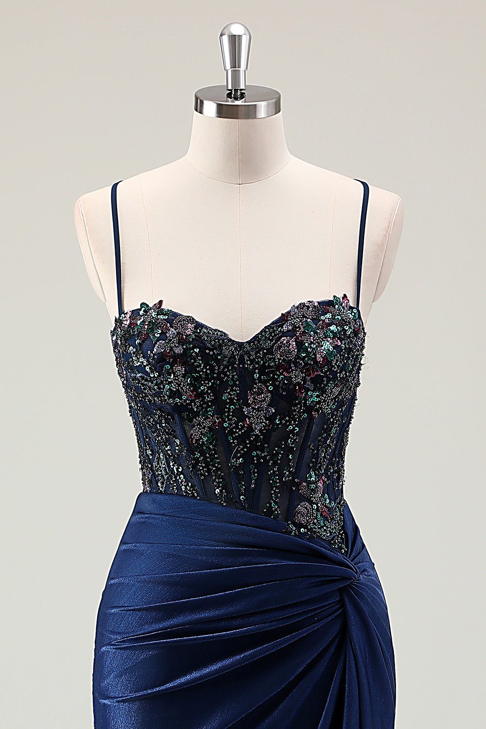 Dark Navy Ruched Mermaid Sequined Prom Dress with Slit