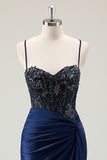 Dark Navy Ruched Mermaid Sequined Prom Dress with Slit