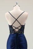 Dark Navy Ruched Mermaid Sequined Prom Dress with Slit