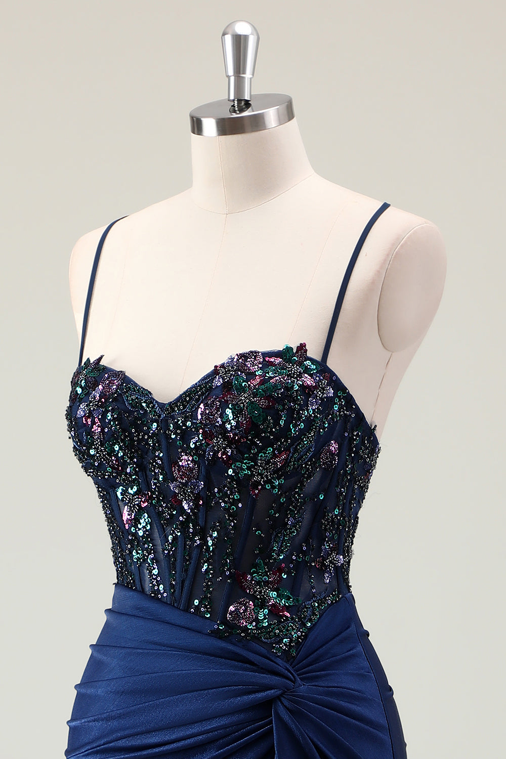Dark Navy Ruched Mermaid Sequined Prom Dress with Slit