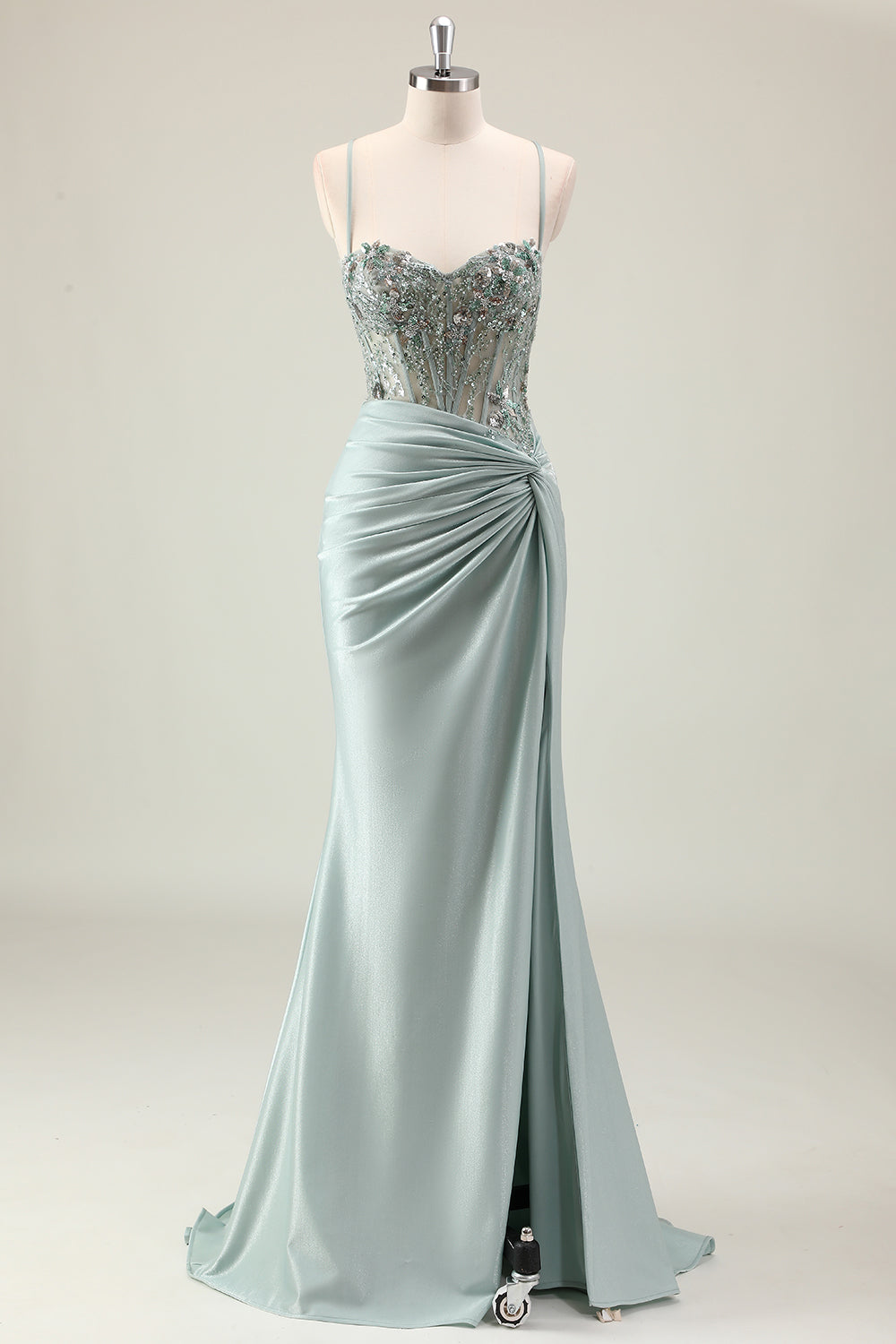 Dark Navy Ruched Mermaid Sequined Prom Dress with Slit
