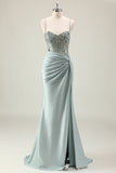 Dark Navy Ruched Mermaid Sequined Prom Dress with Slit