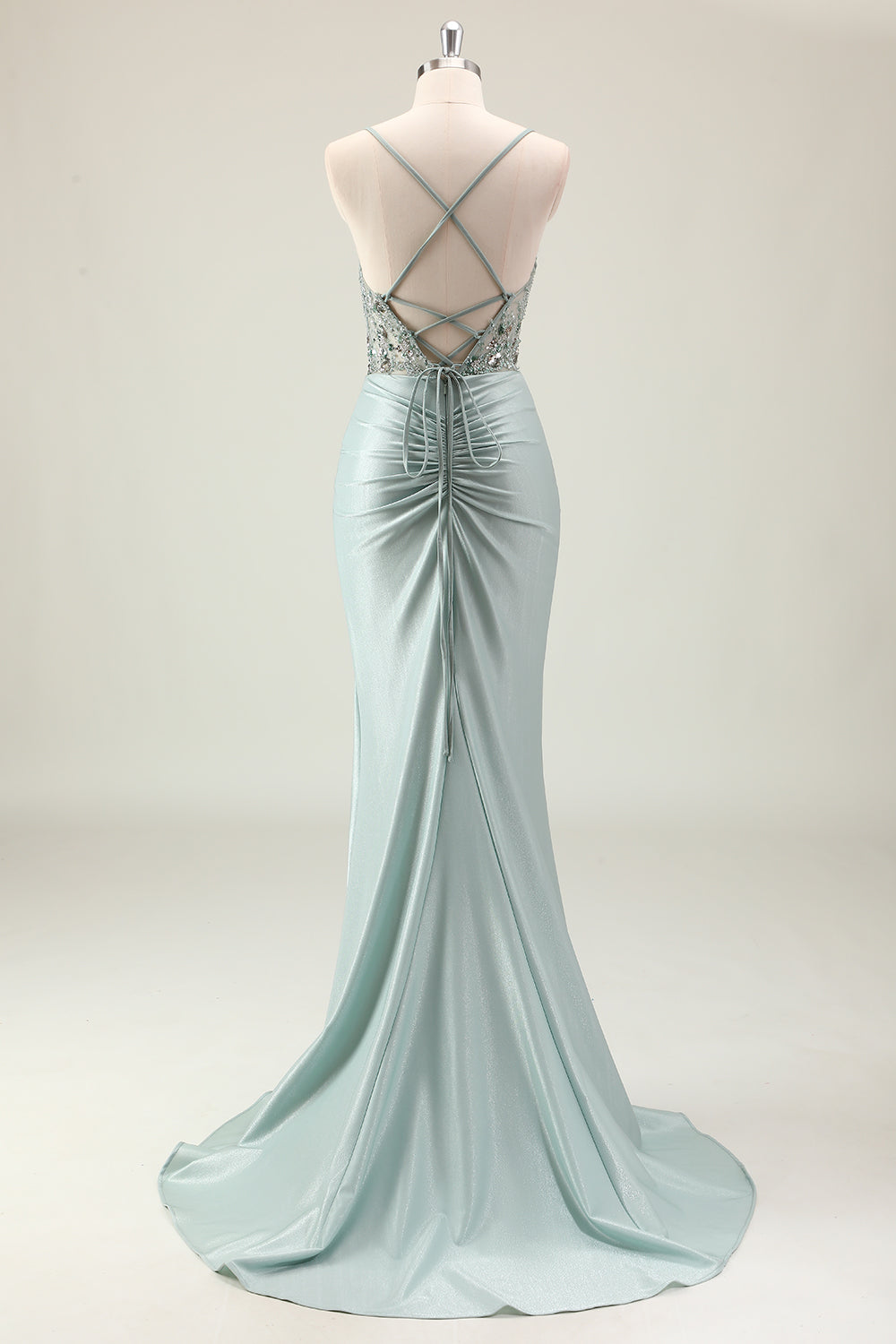 Dark Navy Ruched Mermaid Sequined Prom Dress with Slit