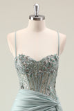 Dark Navy Ruched Mermaid Sequined Prom Dress with Slit