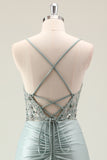Dark Navy Ruched Mermaid Sequined Prom Dress with Slit