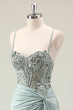 Dark Navy Ruched Mermaid Sequined Prom Dress with Slit