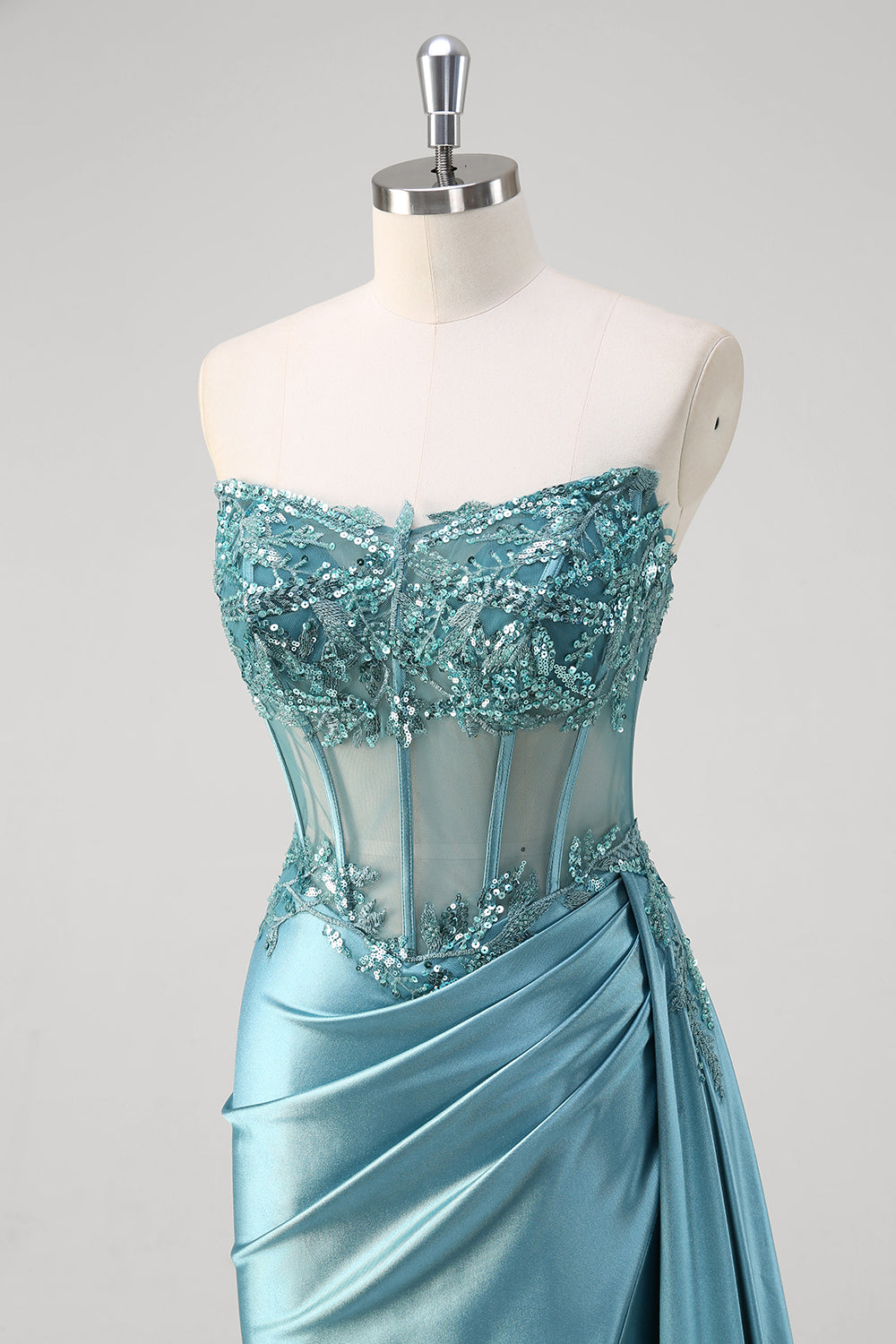 Grey Blue Strapless Sequined Corset Mermaid Prom Dress with Slit