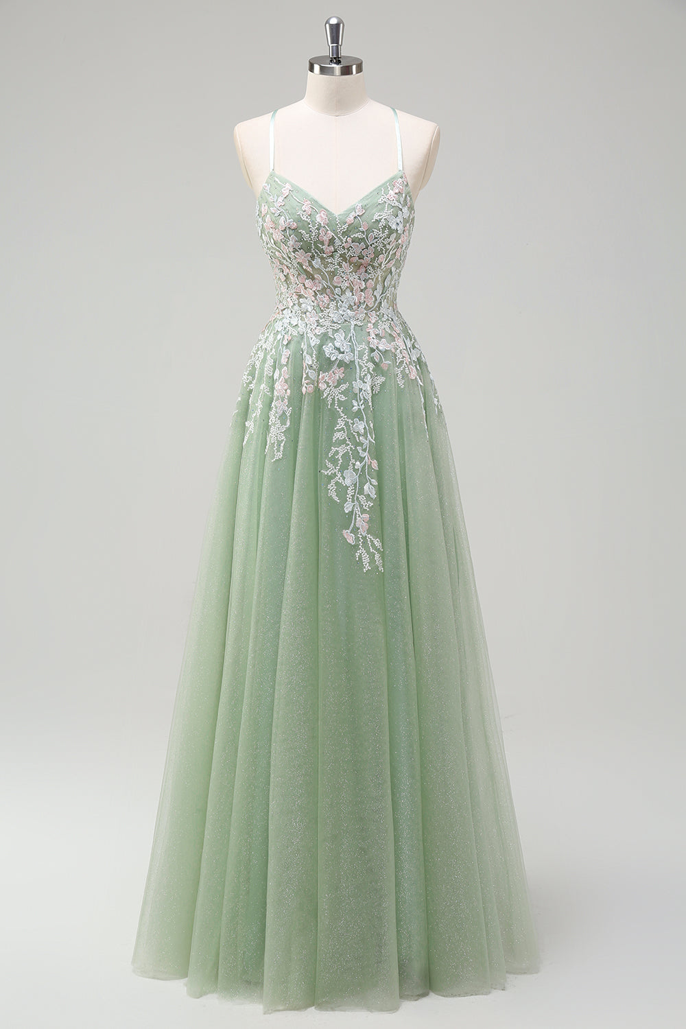 Sage A Line Tulle Applique Prom Dress with Lace-up Back