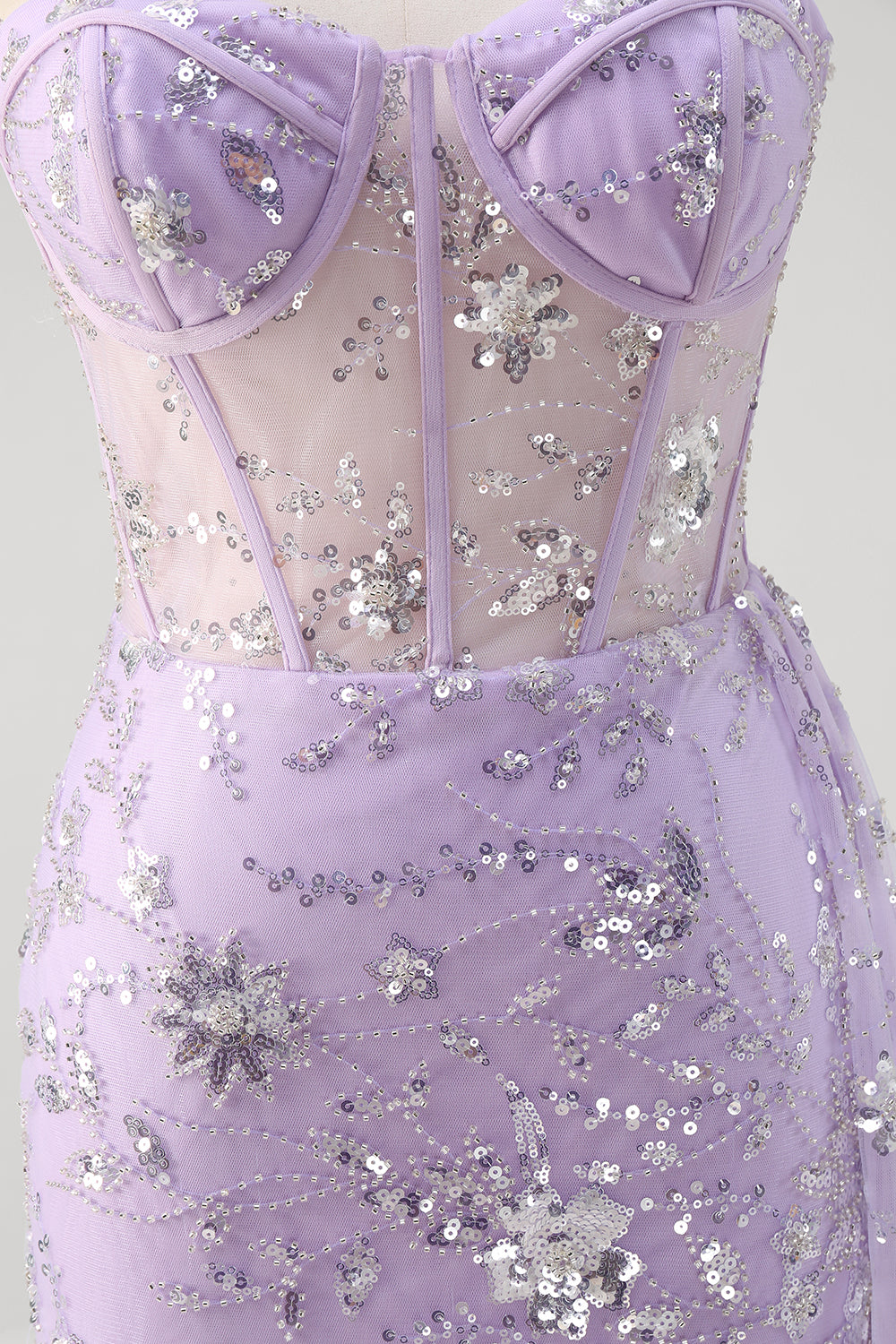 Sparkly Light Purple Corset Mermaid Strapless Prom Dress with Slit