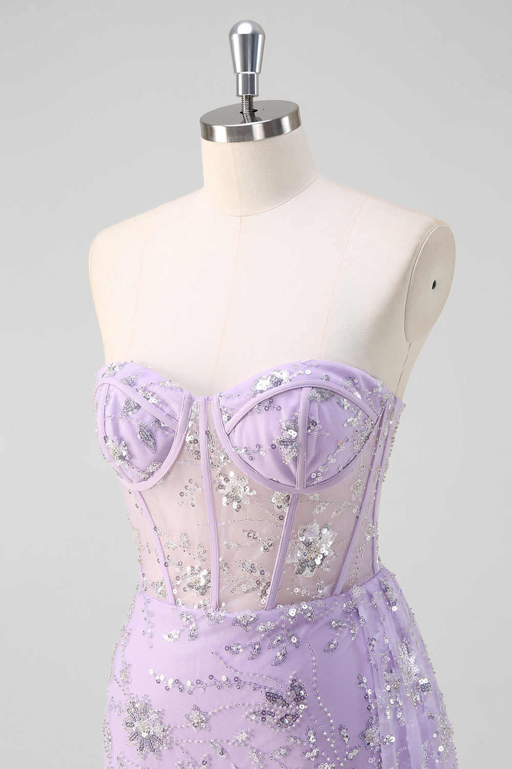 Sparkly Light Purple Corset Mermaid Strapless Prom Dress with Slit