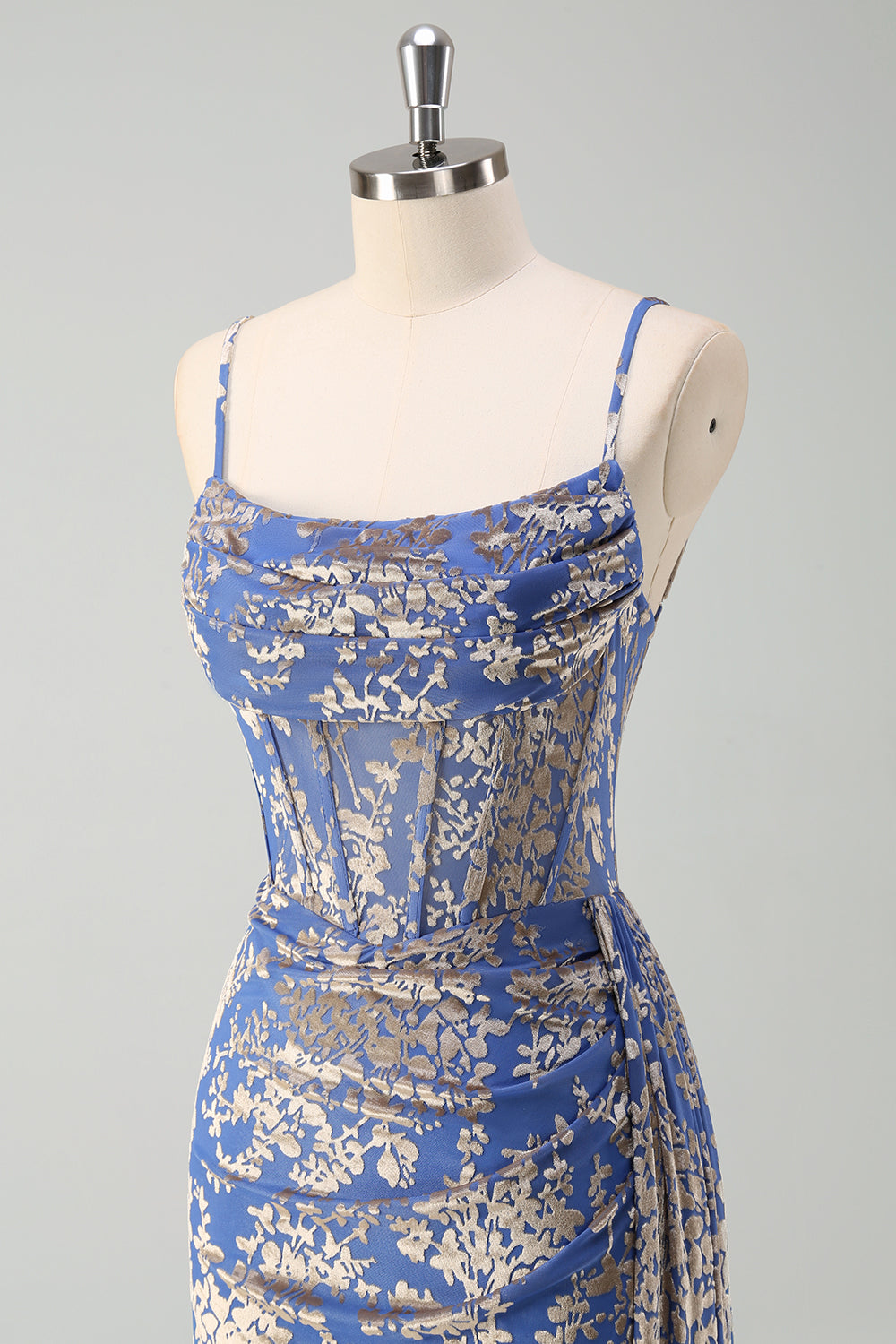 Blue Mermaid Burnout Velvet Corset Prom Dress with Slit