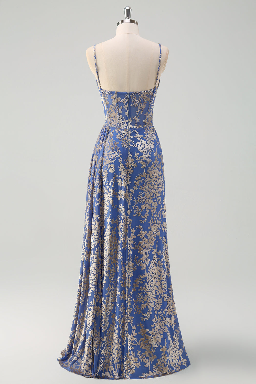 Blue Mermaid Burnout Velvet Corset Prom Dress with Slit