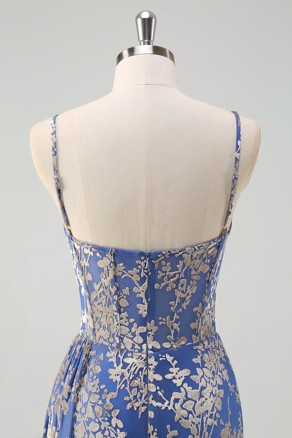 Blue Mermaid Burnout Velvet Corset Prom Dress with Slit
