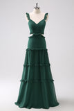 Dark Green A Line Hollow Out Ruffled Maxi Bridesmaid Dress