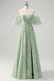 Dusty Sage Pleated A Line Off The Shoulder Prom Dress with Slit