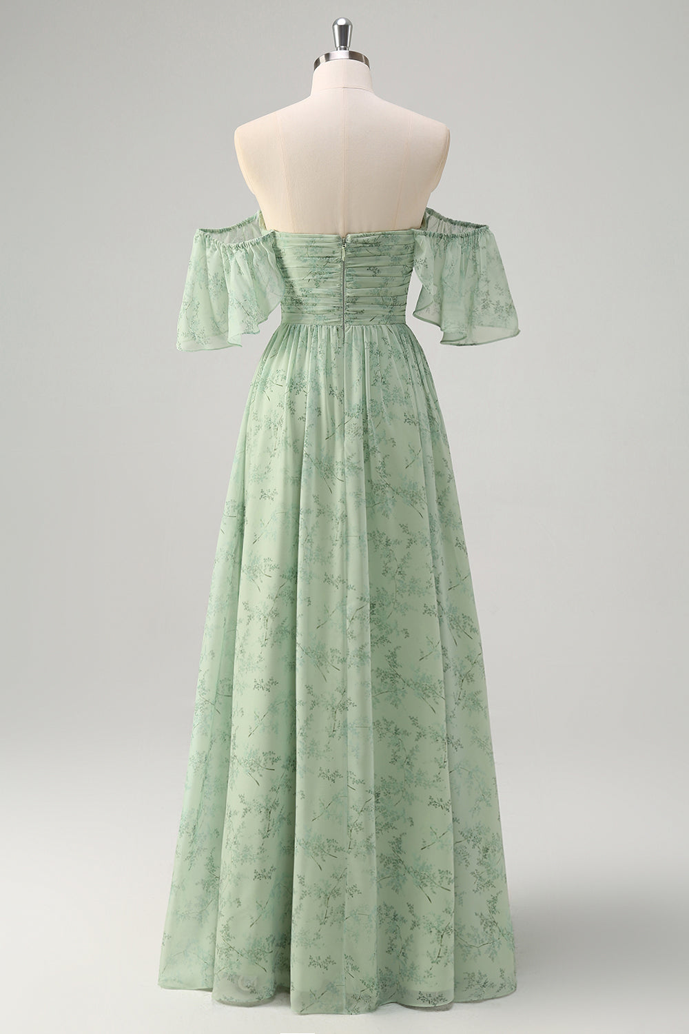 Dusty Sage Pleated A Line Off The Shoulder Prom Dress with Slit
