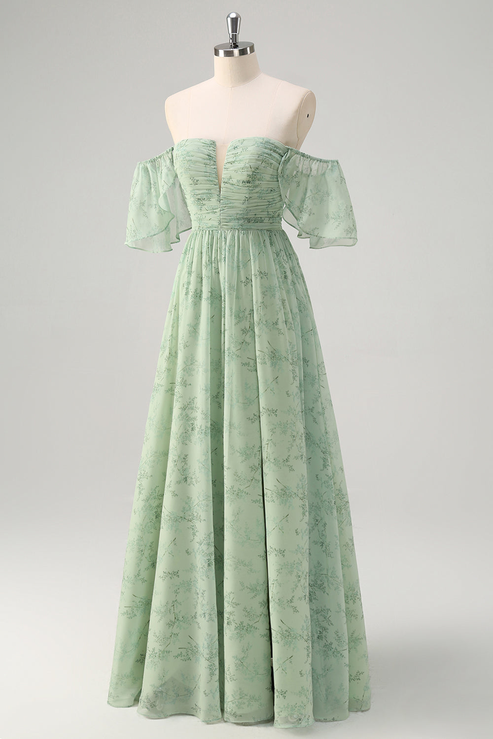Dusty Sage Pleated A Line Off The Shoulder Prom Dress with Slit