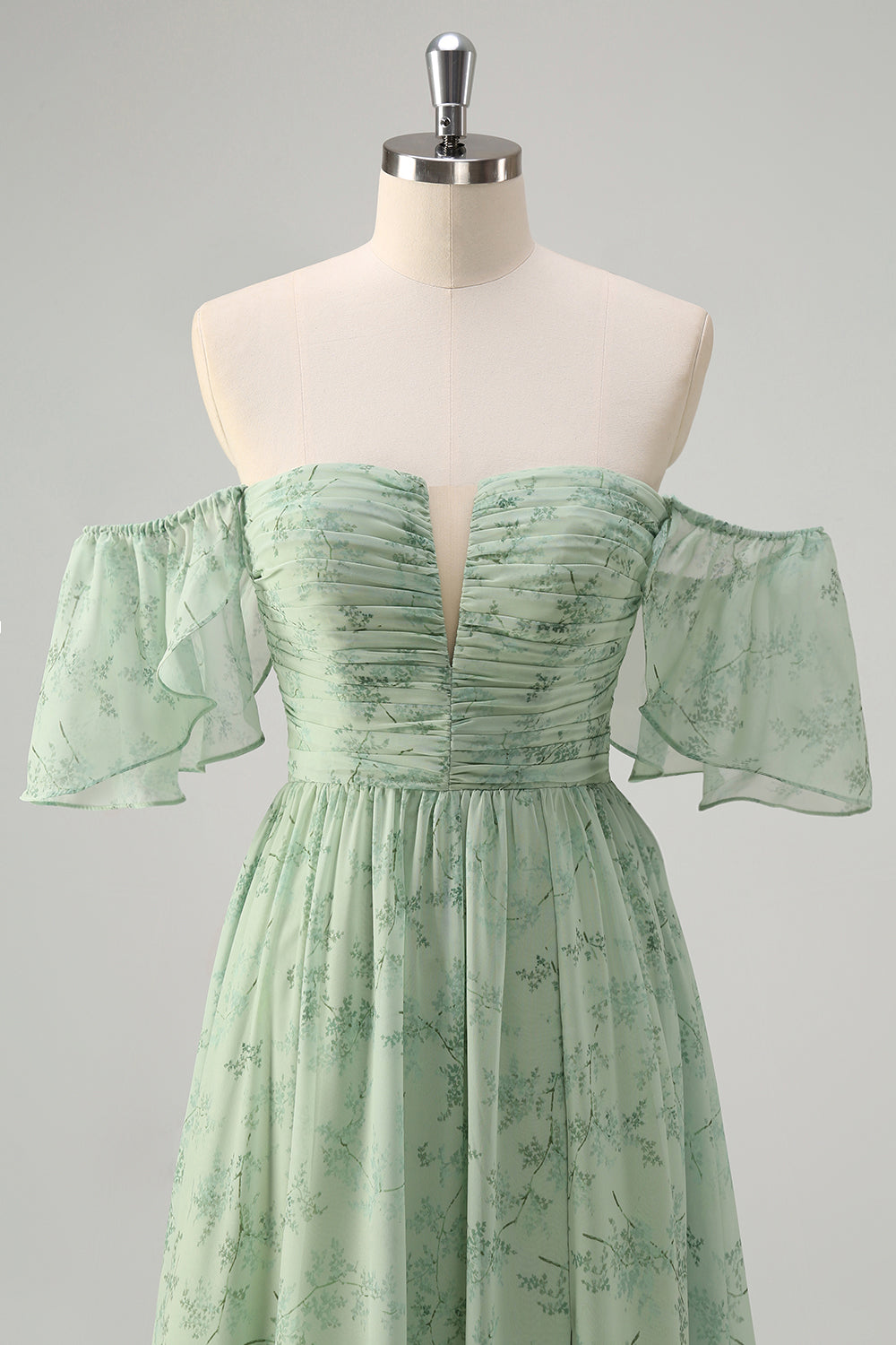Dusty Sage Pleated A Line Off The Shoulder Prom Dress with Slit