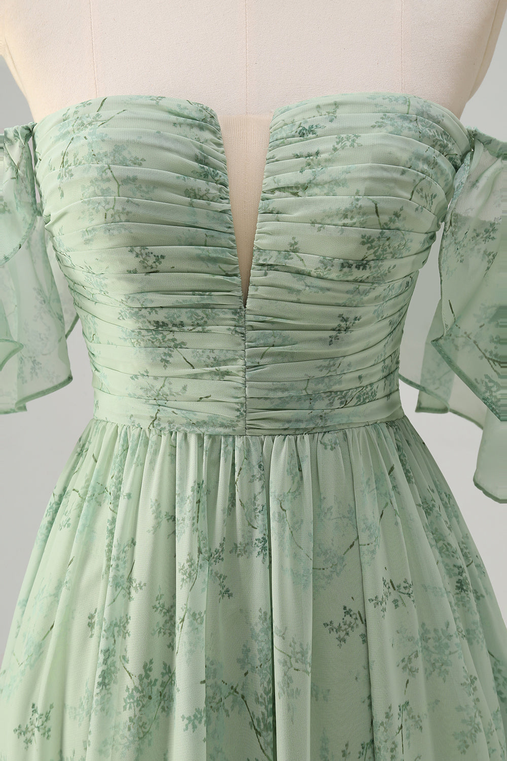 Dusty Sage Pleated A Line Off The Shoulder Prom Dress with Slit