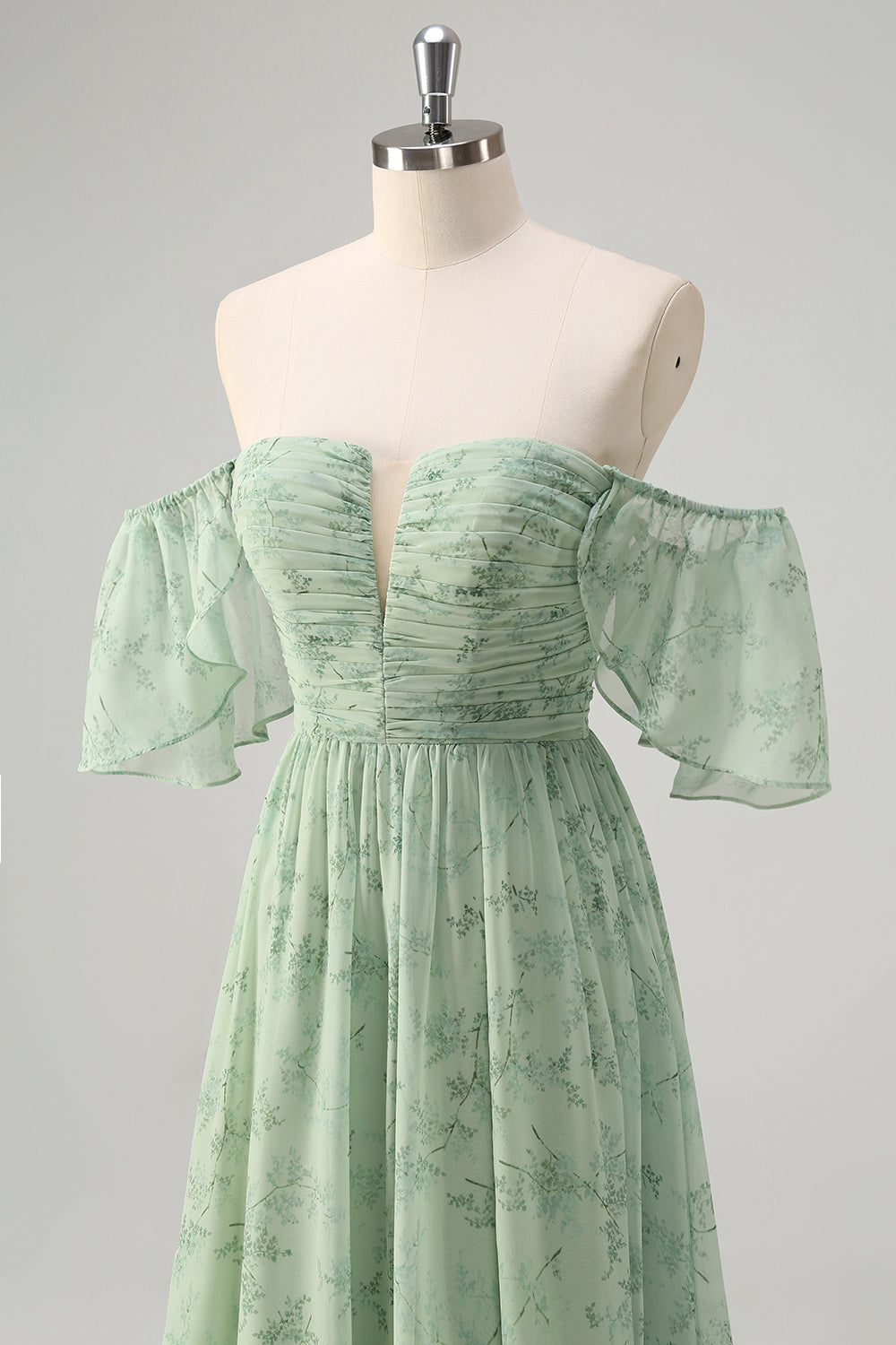 Dusty Sage Pleated A Line Off The Shoulder Prom Dress with Slit
