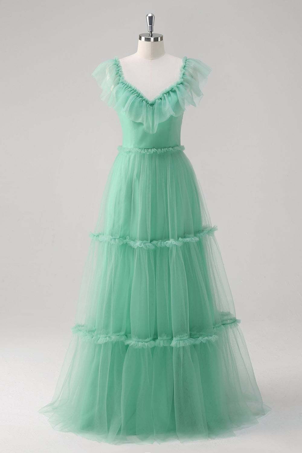 Green A Line Tulle Hollow Out Back Prom Dress