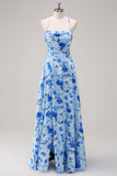 Blue A Line Floral Spaghetti Straps Maxi Bridesmaid Dress with Slit