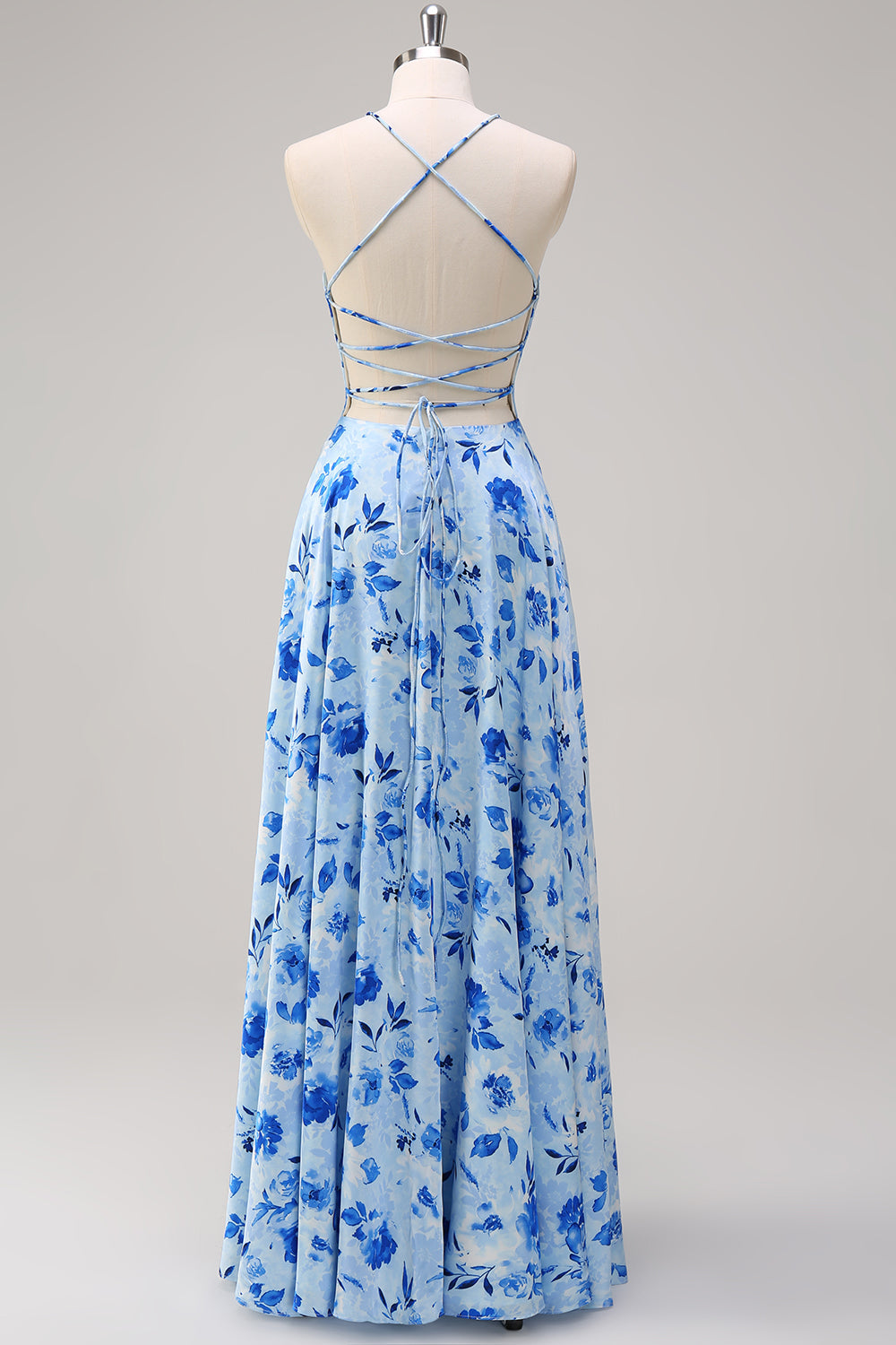 Blue A Line Floral Spaghetti Straps Maxi Bridesmaid Dress with Slit