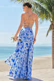 Blue A Line Floral Spaghetti Straps Maxi Bridesmaid Dress with Slit