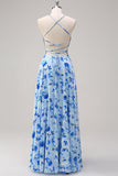 Blue A Line Floral Spaghetti Straps Maxi Bridesmaid Dress with Slit