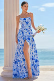Blue A Line Floral Spaghetti Straps Maxi Bridesmaid Dress with Slit