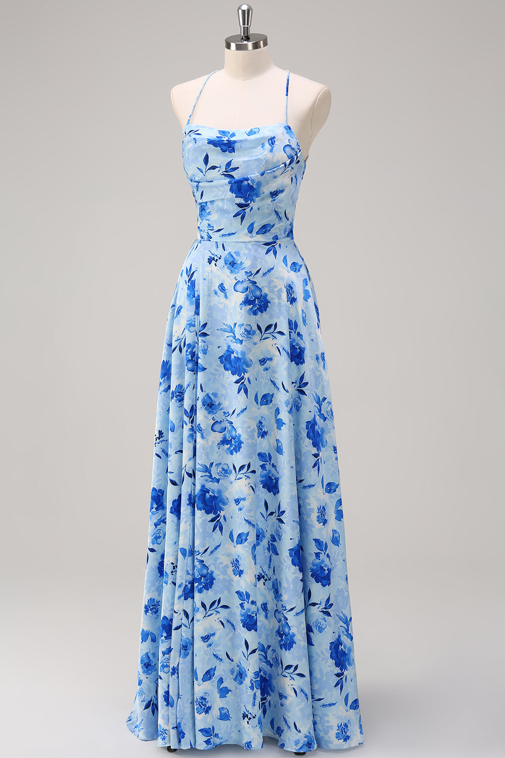 Blue A Line Floral Spaghetti Straps Maxi Bridesmaid Dress with Slit