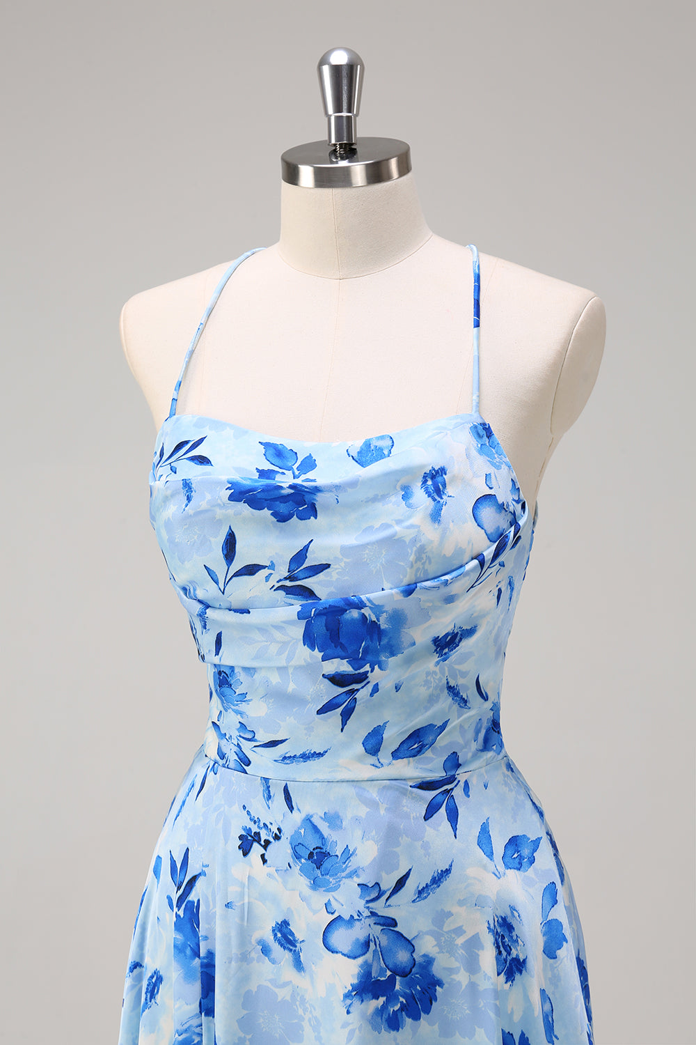 Blue A Line Floral Spaghetti Straps Maxi Bridesmaid Dress with Slit